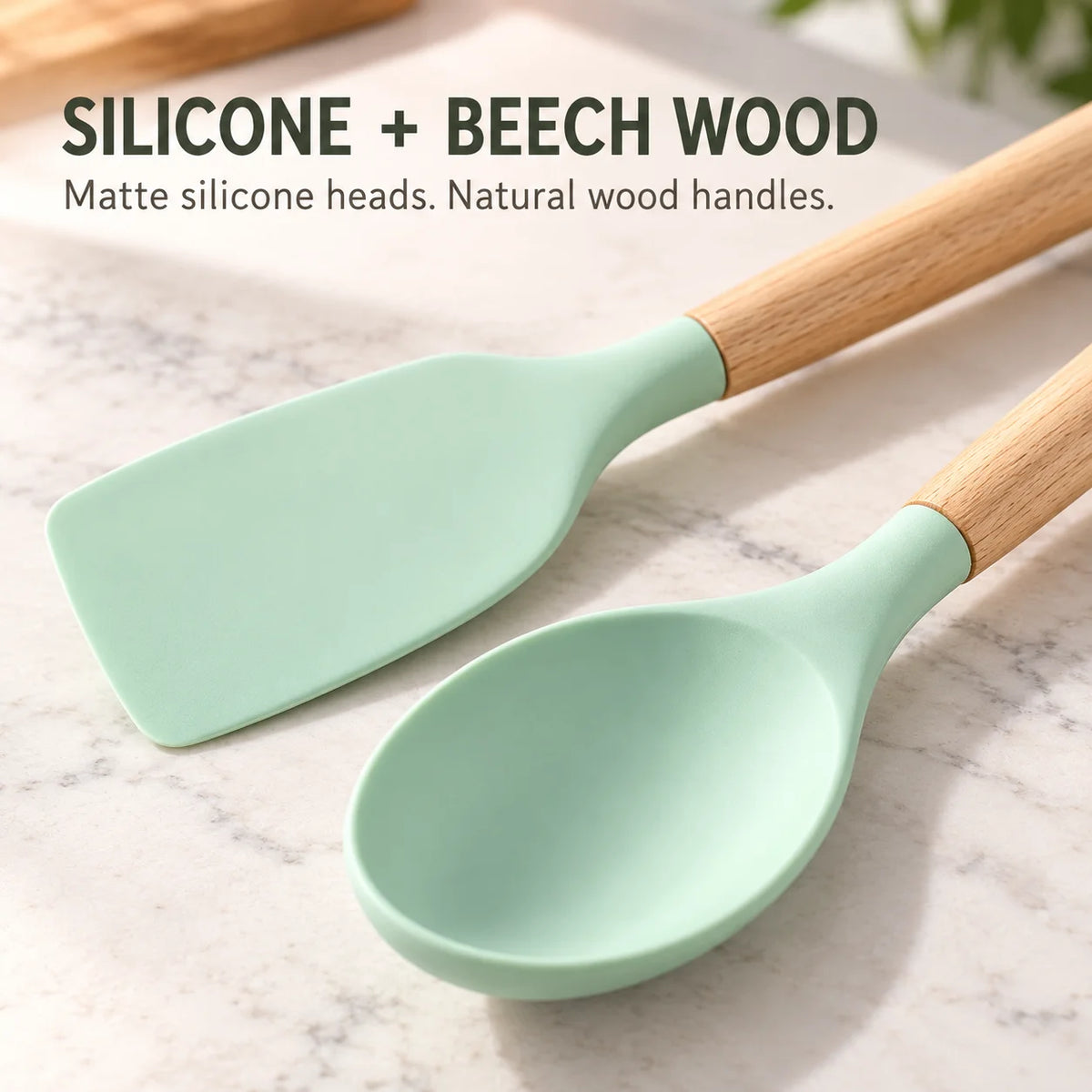 Silicone Kitchen Utensil Set With Beech Wood Handles And Holder
