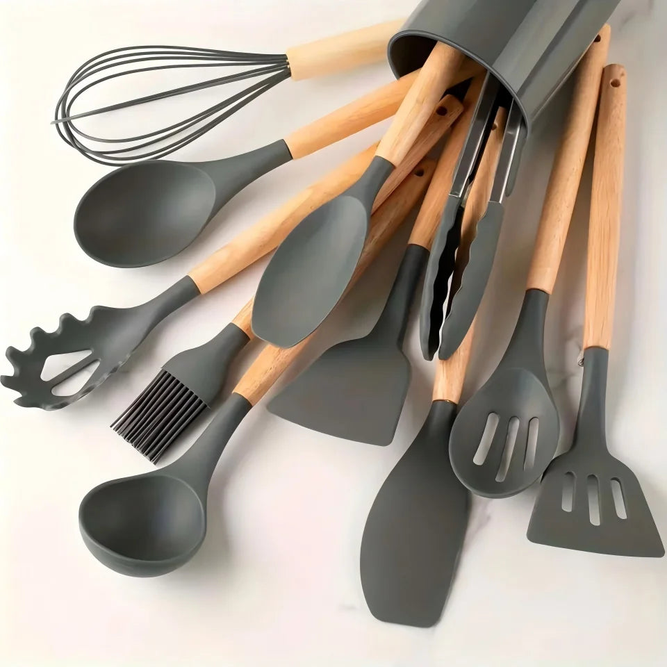 Silicone Kitchen Utensil Set With Beech Wood Handles And Holder