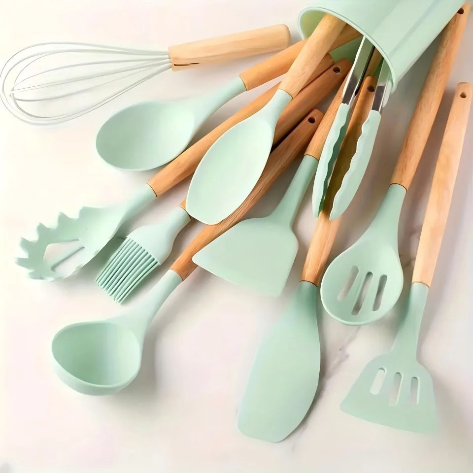 Silicone Kitchen Utensil Set With Beech Wood Handles And Holder