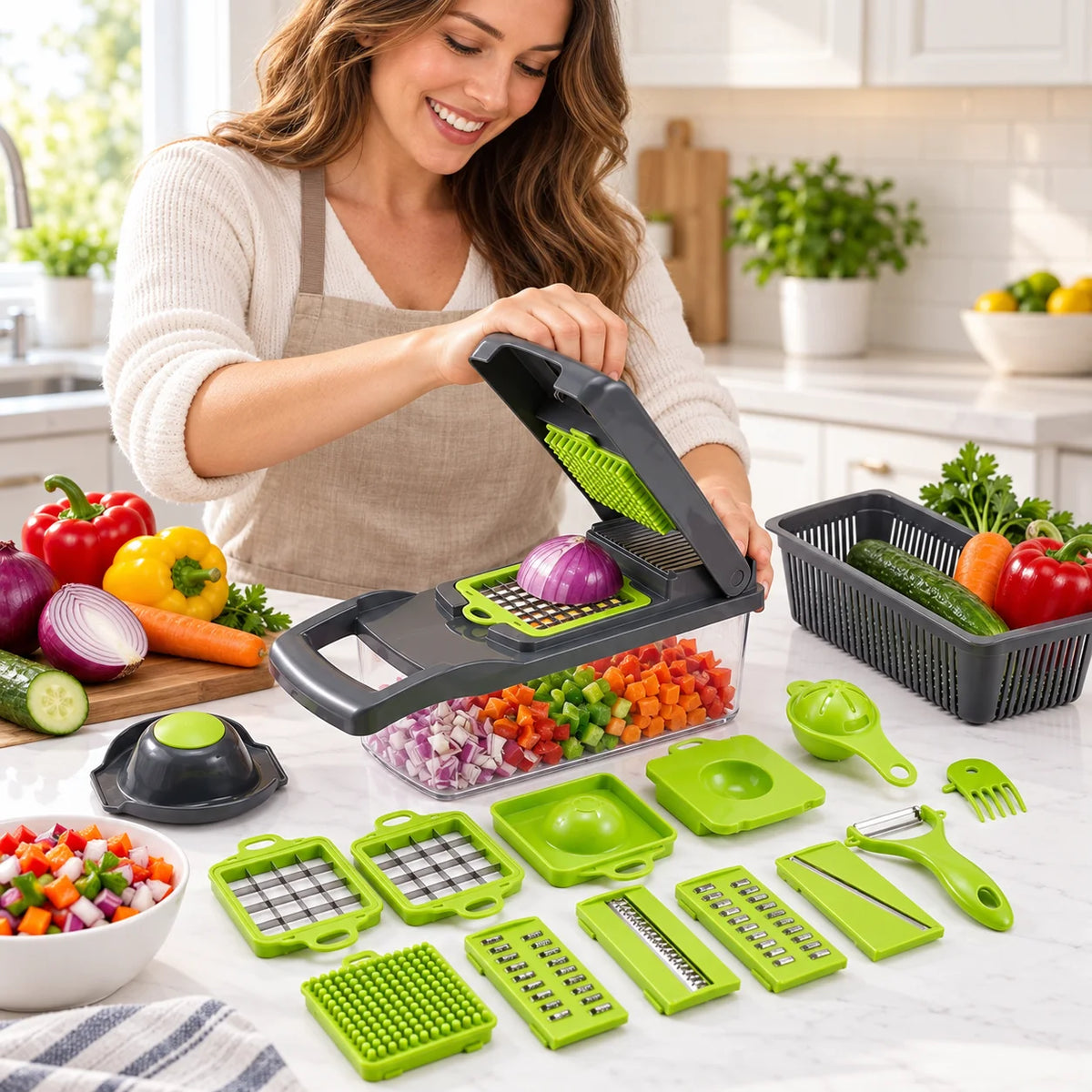 Multifunctional Vegetable Chopper With 7 Interchangeable Blades And Container