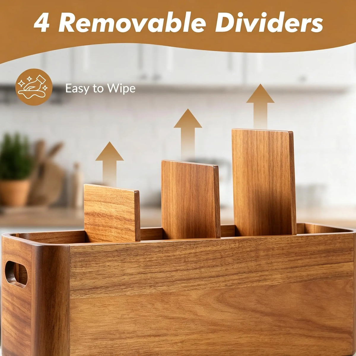 Wooden Kitchen Utensil Holder and Countertop Organizer With Compartments