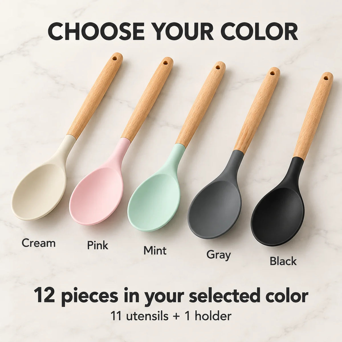 Silicone Kitchen Utensil Set With Beech Wood Handles And Holder
