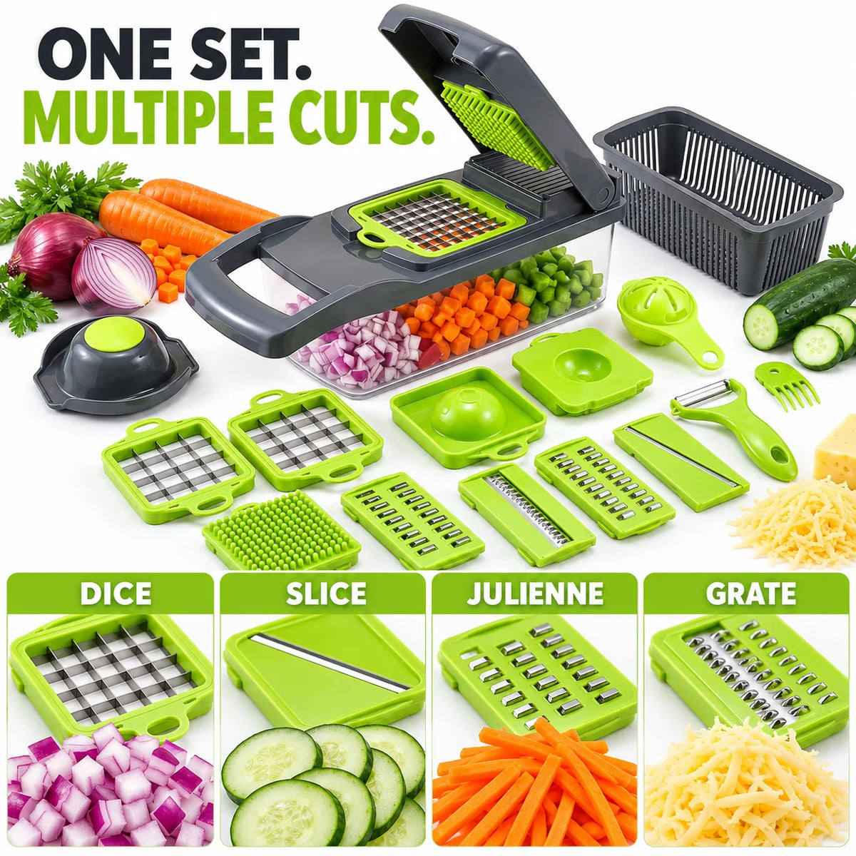Multifunctional Vegetable Chopper With 7 Interchangeable Blades And Container