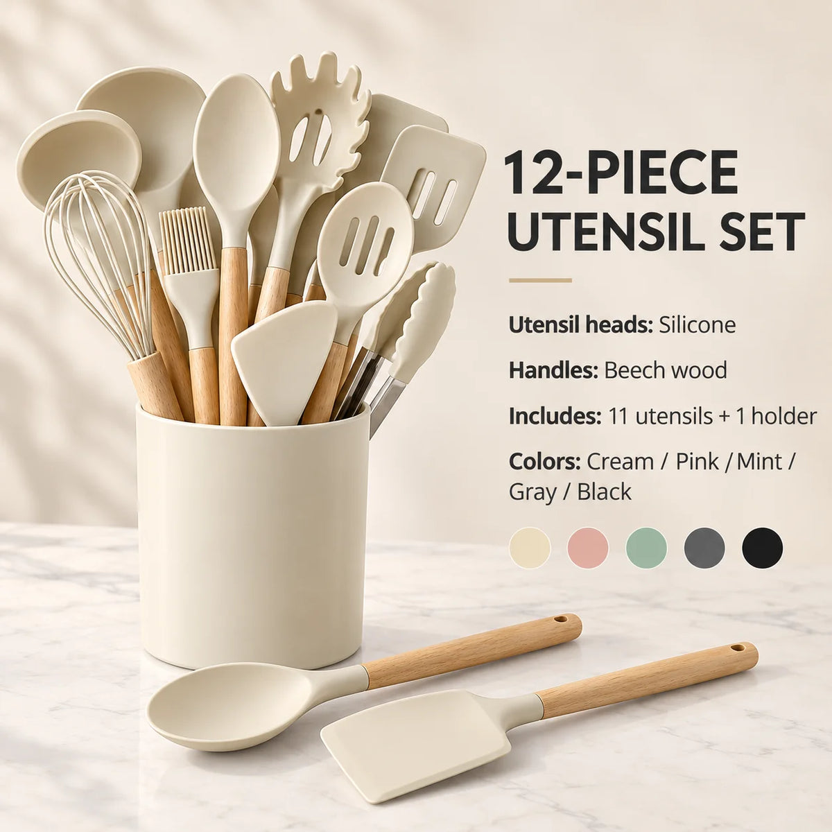 Silicone Kitchen Utensil Set With Beech Wood Handles And Holder