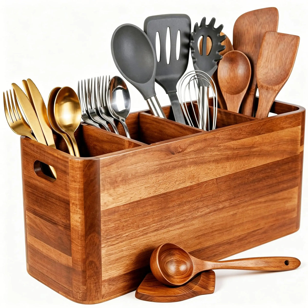 Wooden Kitchen Utensil Holder and Countertop Organizer With Compartments