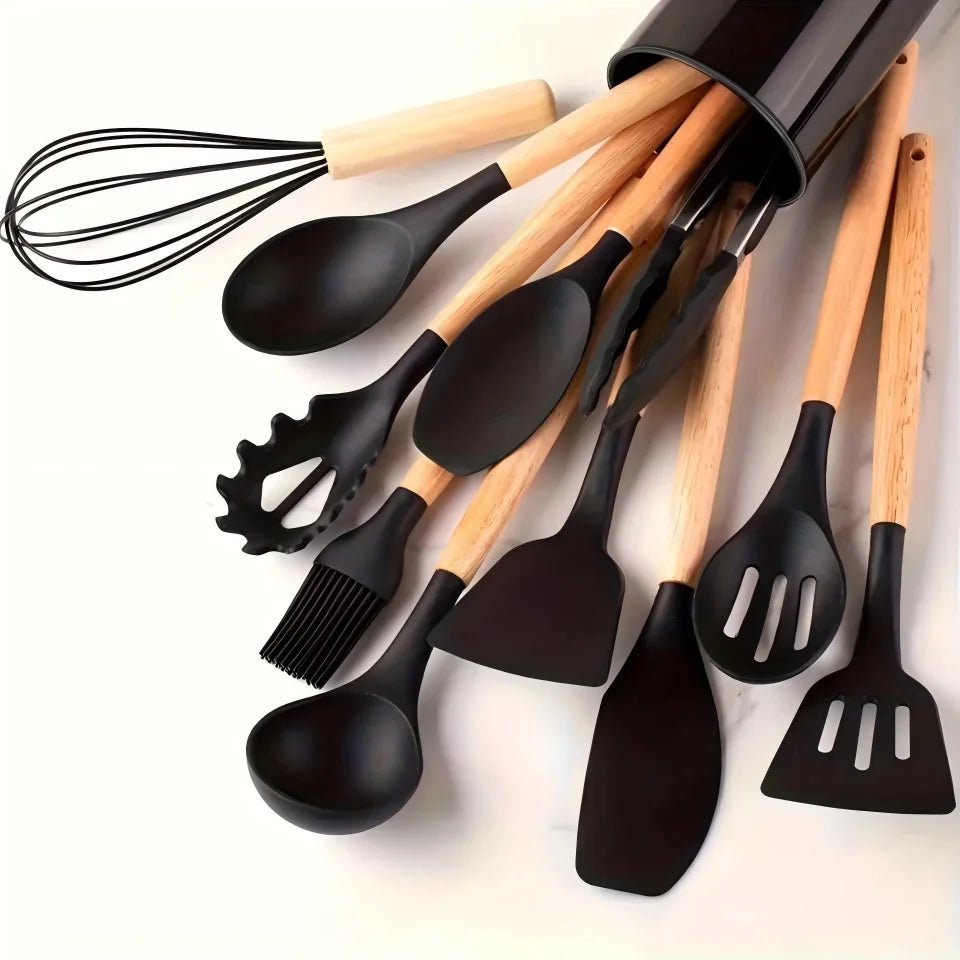 Silicone Kitchen Utensil Set With Beech Wood Handles And Holder