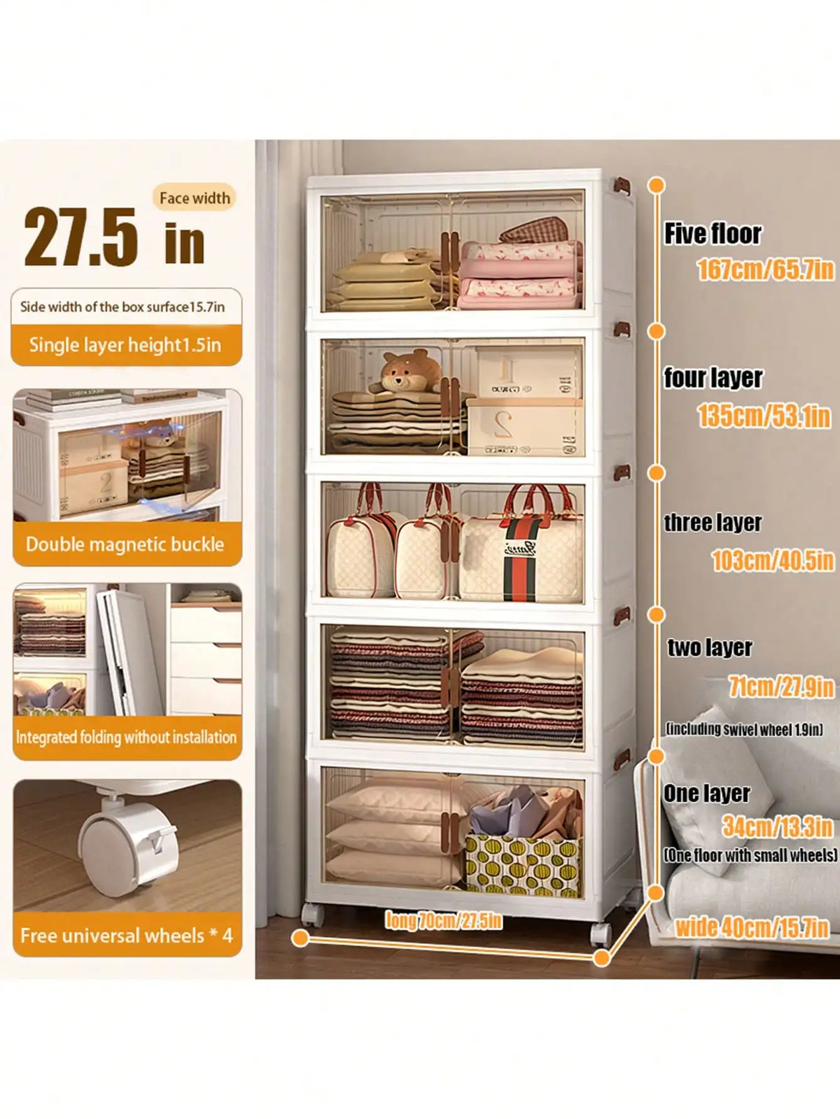 Foldable Plastic Storage Cabinet With Clear Doors And Wheels