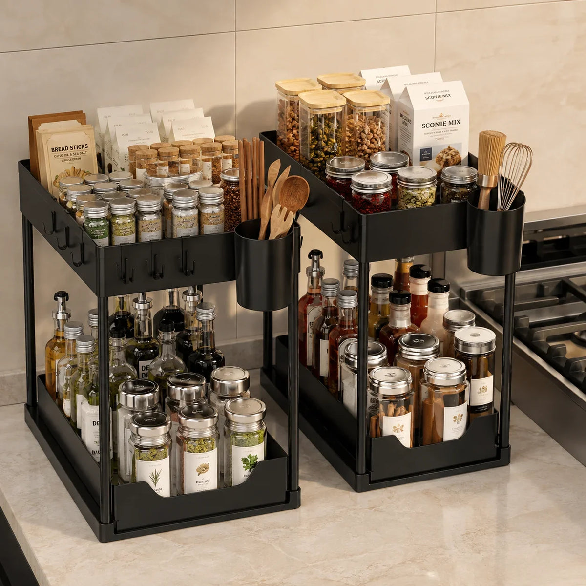 Under Sink Two Tier Pull Out Storage Organizer With Hooks