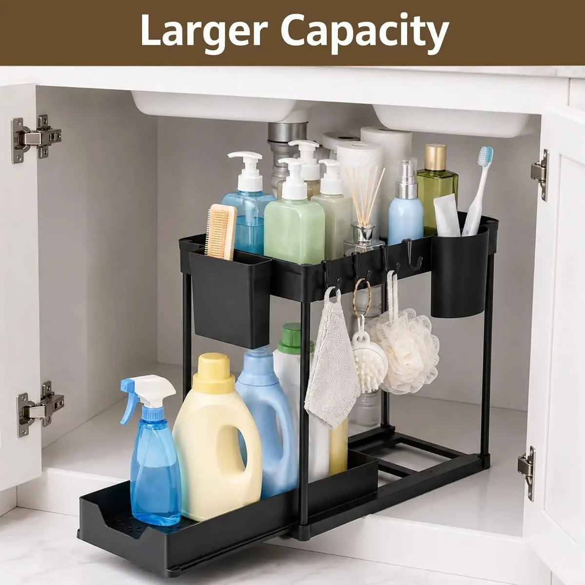 Under Sink Two Tier Pull Out Storage Organizer With Hooks