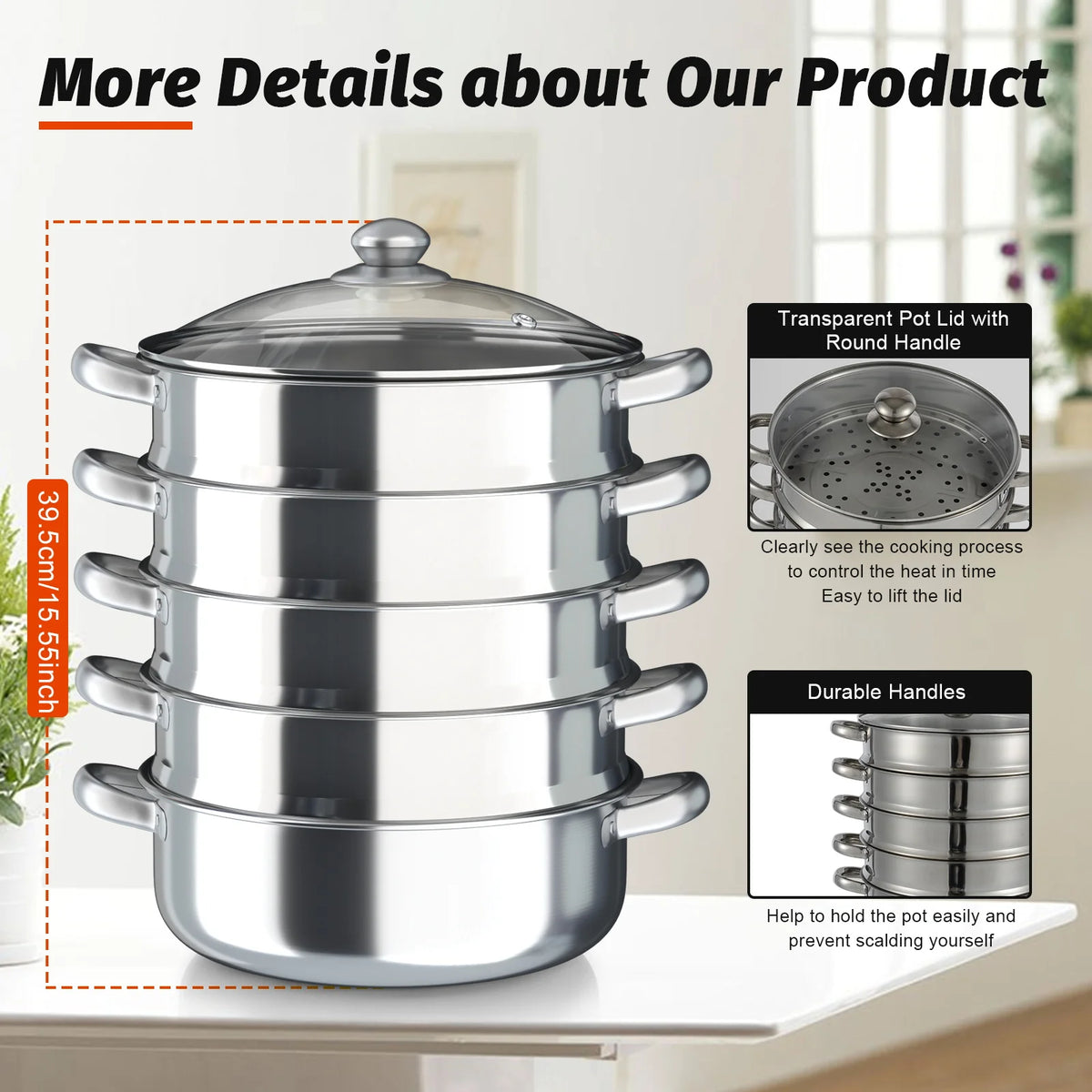 Stainless Steel Five Tier Steamer Pot With Handles For Home Cooking