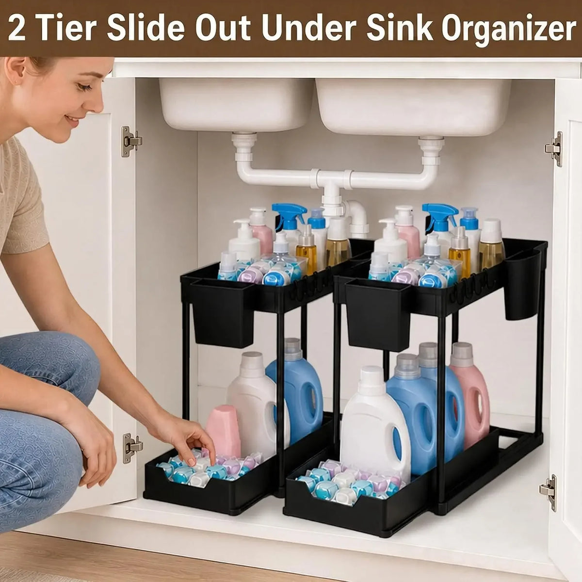Under Sink Two Tier Pull Out Storage Organizer With Hooks