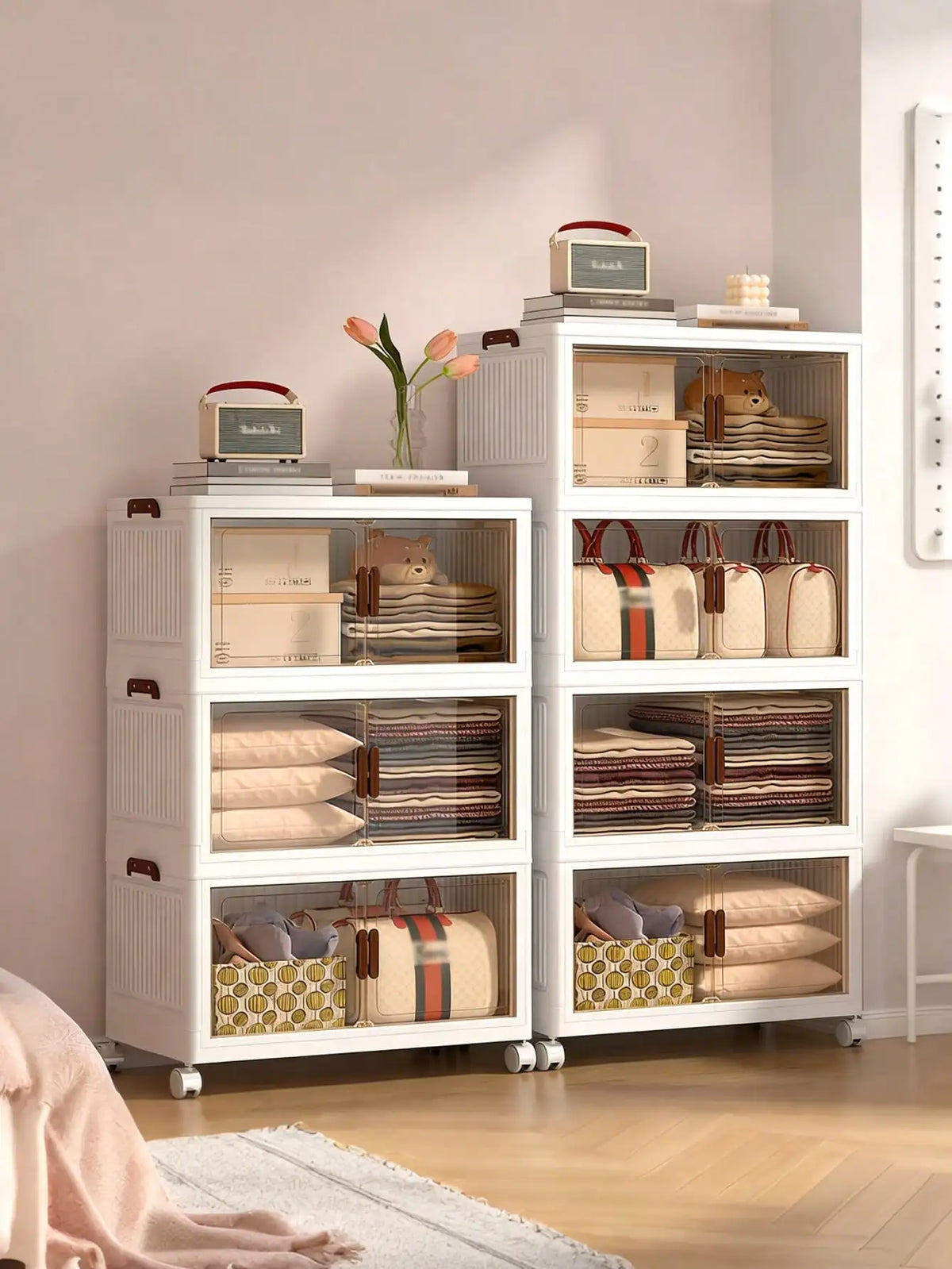 Foldable Plastic Storage Cabinet With Clear Doors And Wheels