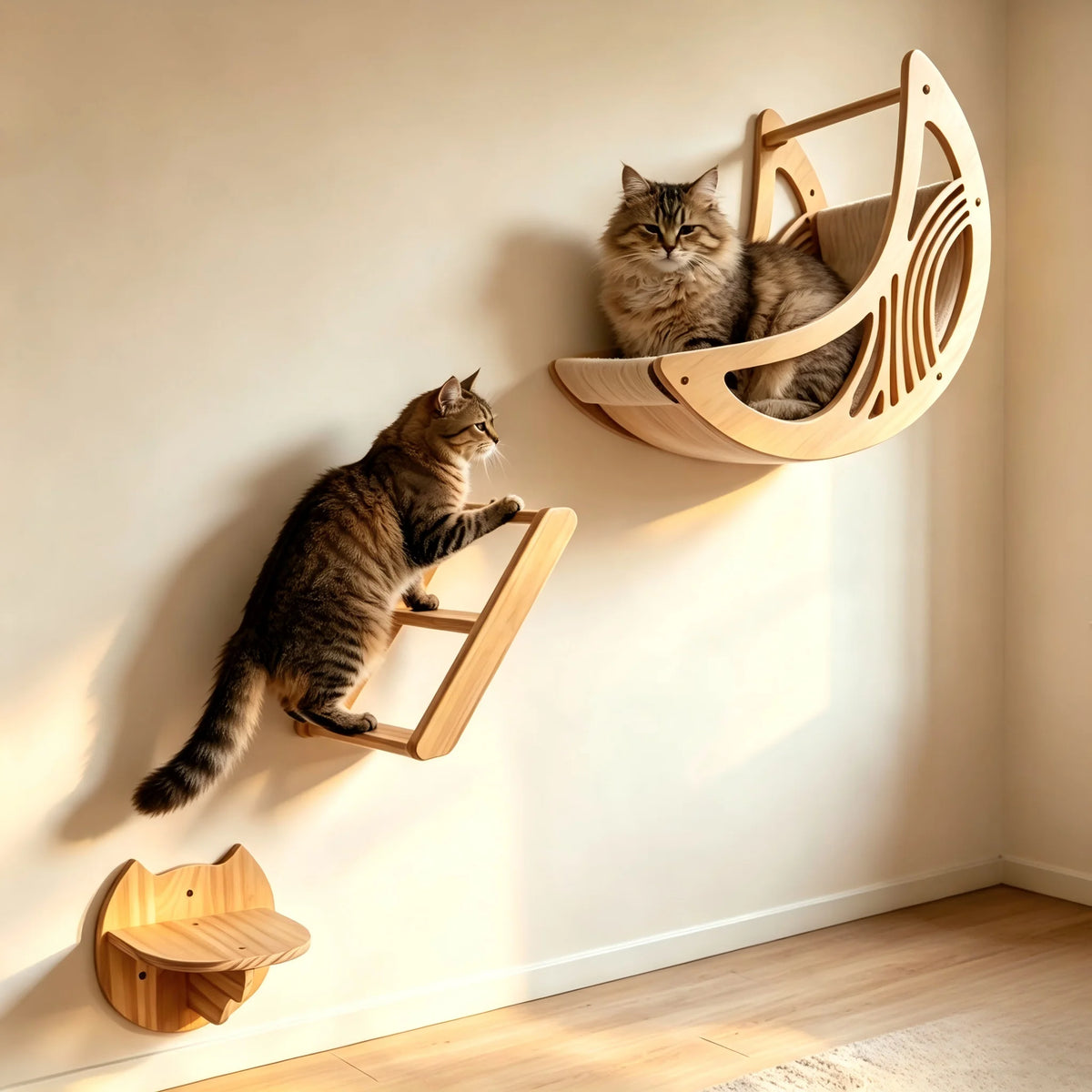 Wall Mounted Cat Shelves With Moon Hammock And Star Perches
