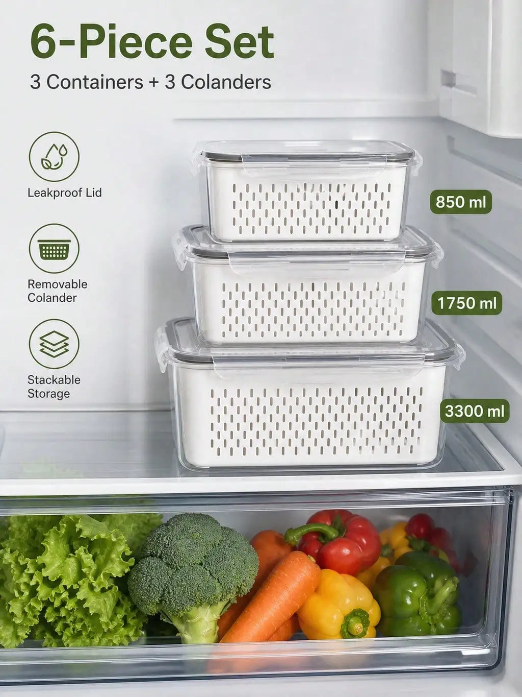 Produce Storage Container Set With Removable Drain Baskets