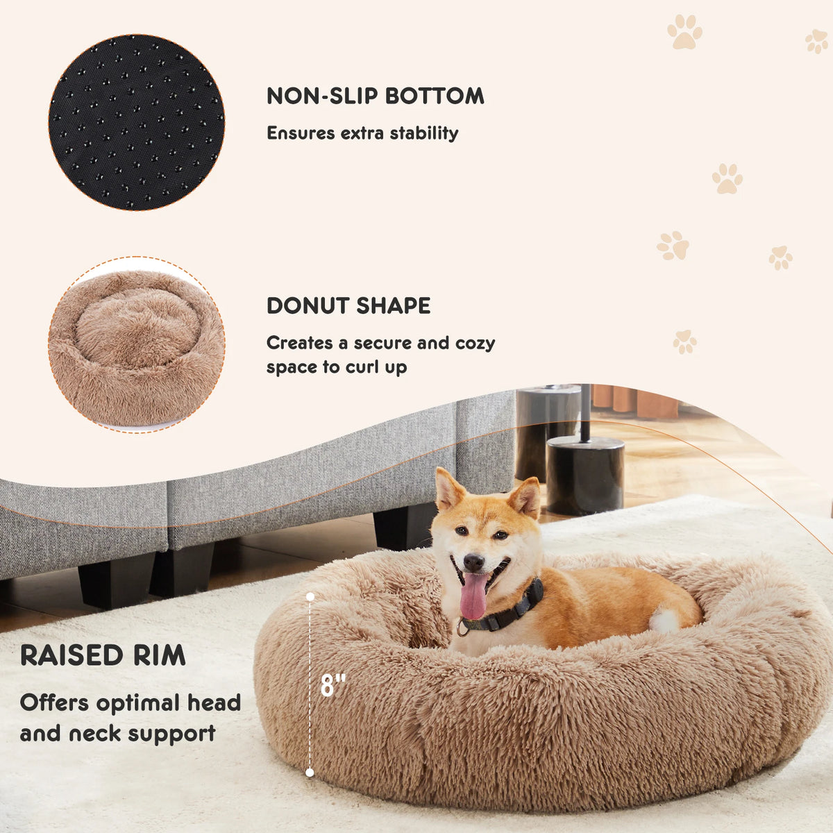 JHK Washable Plush Calming Dog Bed With Non Slip Base