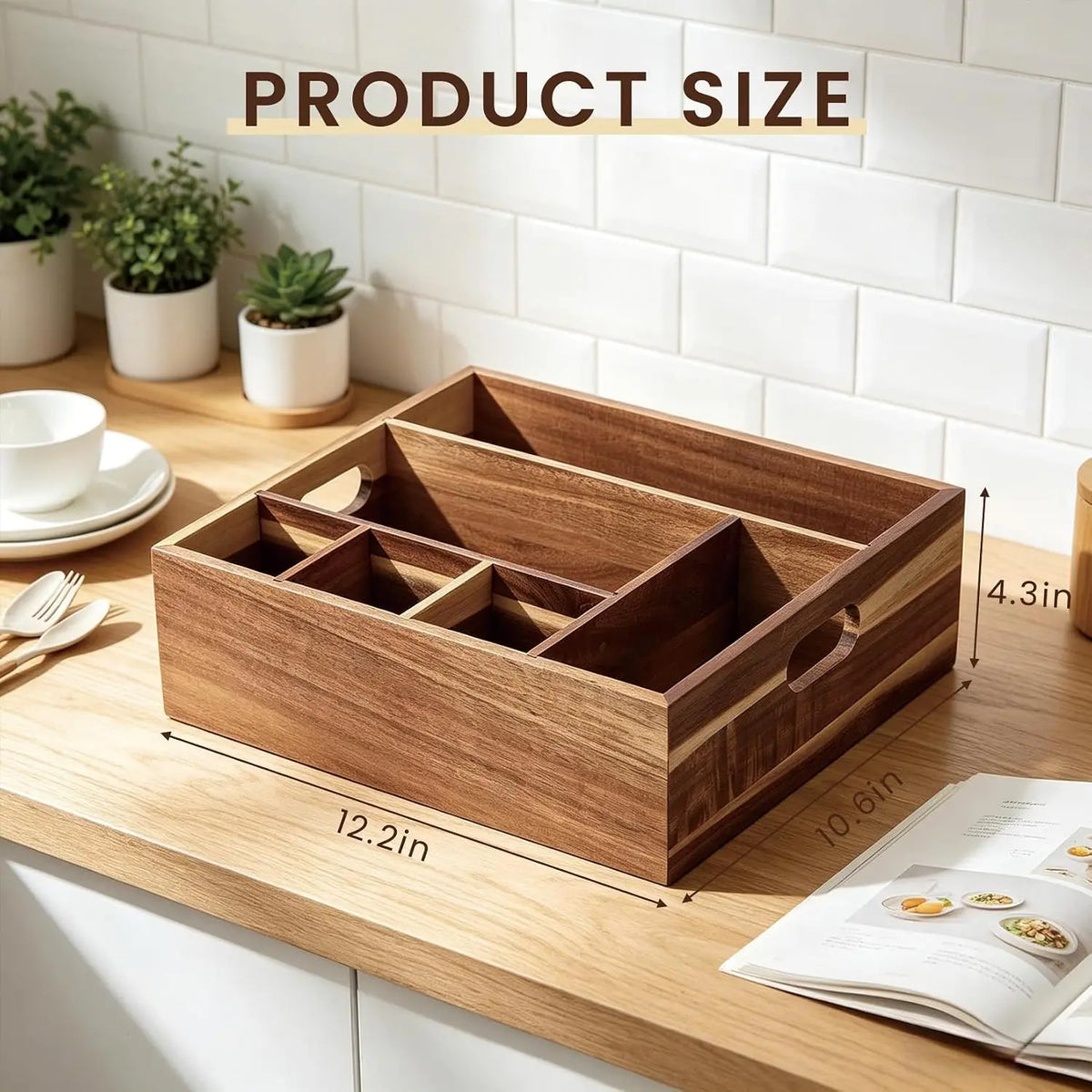 Garvee Acacia Wood Flatware Caddy With Handles And Compartments