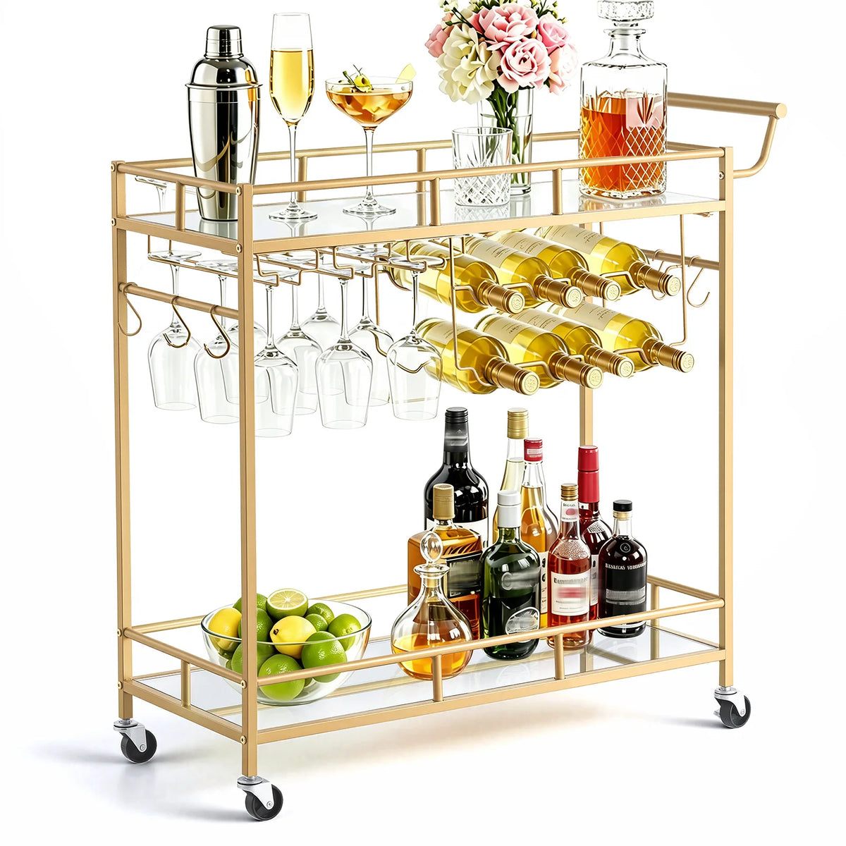 SucceBuy Two Tier Rolling Bar Cart Serving Trolley for Home