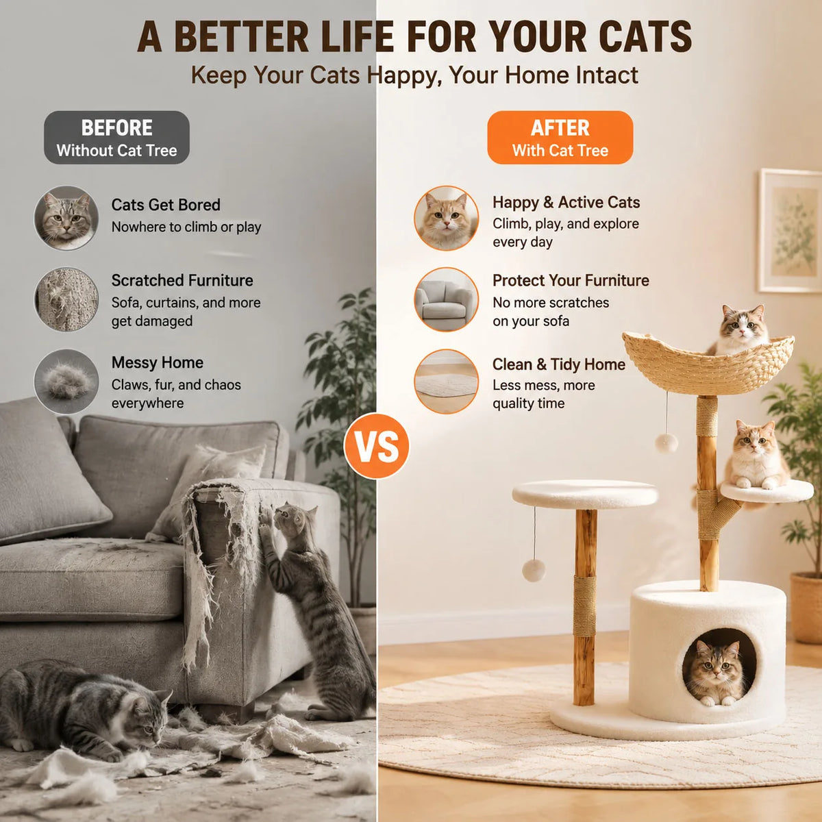 Wooden Cat Tree Tower 43 Inch with Rattan Large Cat Climbing Furniture Multi Level Activity Center Indoor Pet Furniture with Perches for Cats