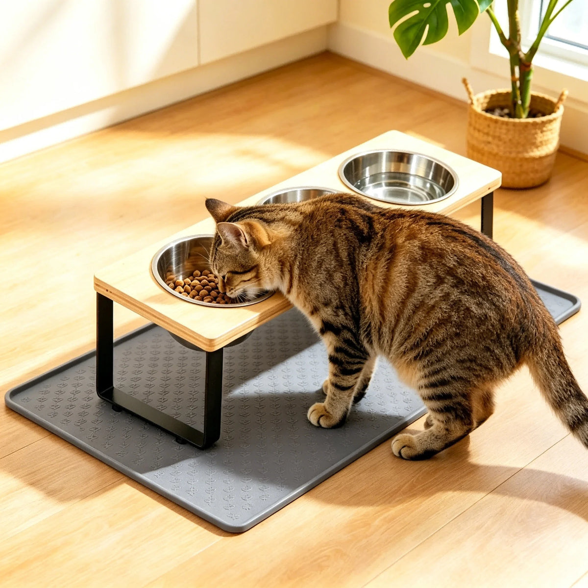Elevated Cat Feeder With Stainless Steel Bowls And Feeding Mat