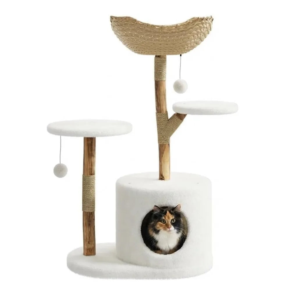 Wooden Cat Tree Tower 43 Inch with Rattan Large Cat Climbing Furniture Multi Level Activity Center Indoor Pet Furniture with Perches for Cats