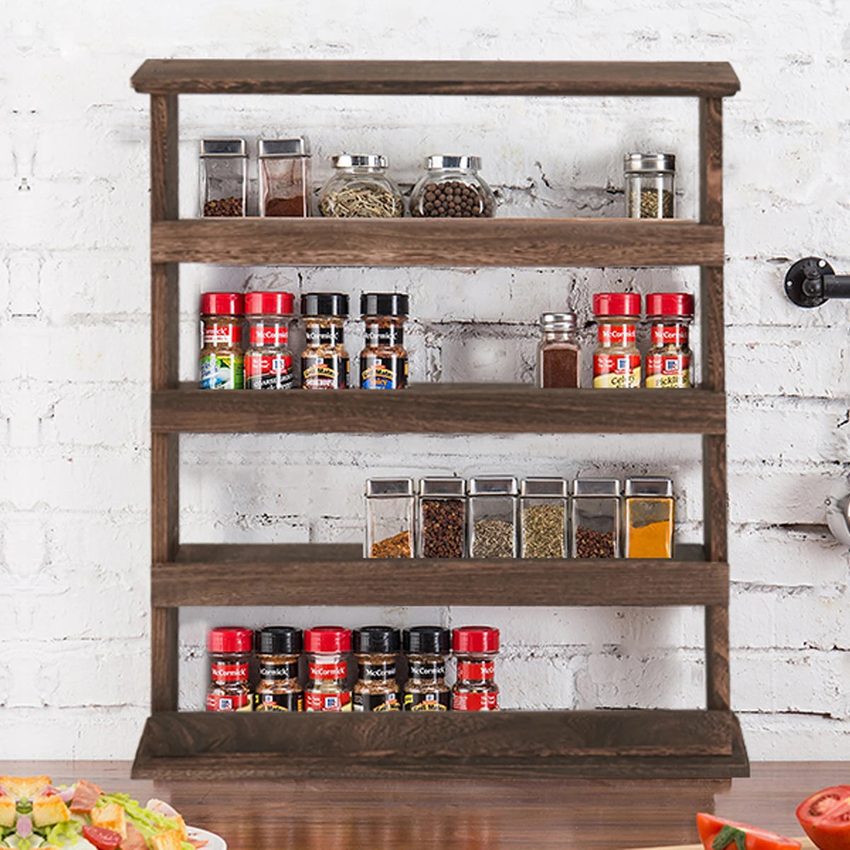 Wooden Wall Mounted Spice Rack With Four Tier Storage