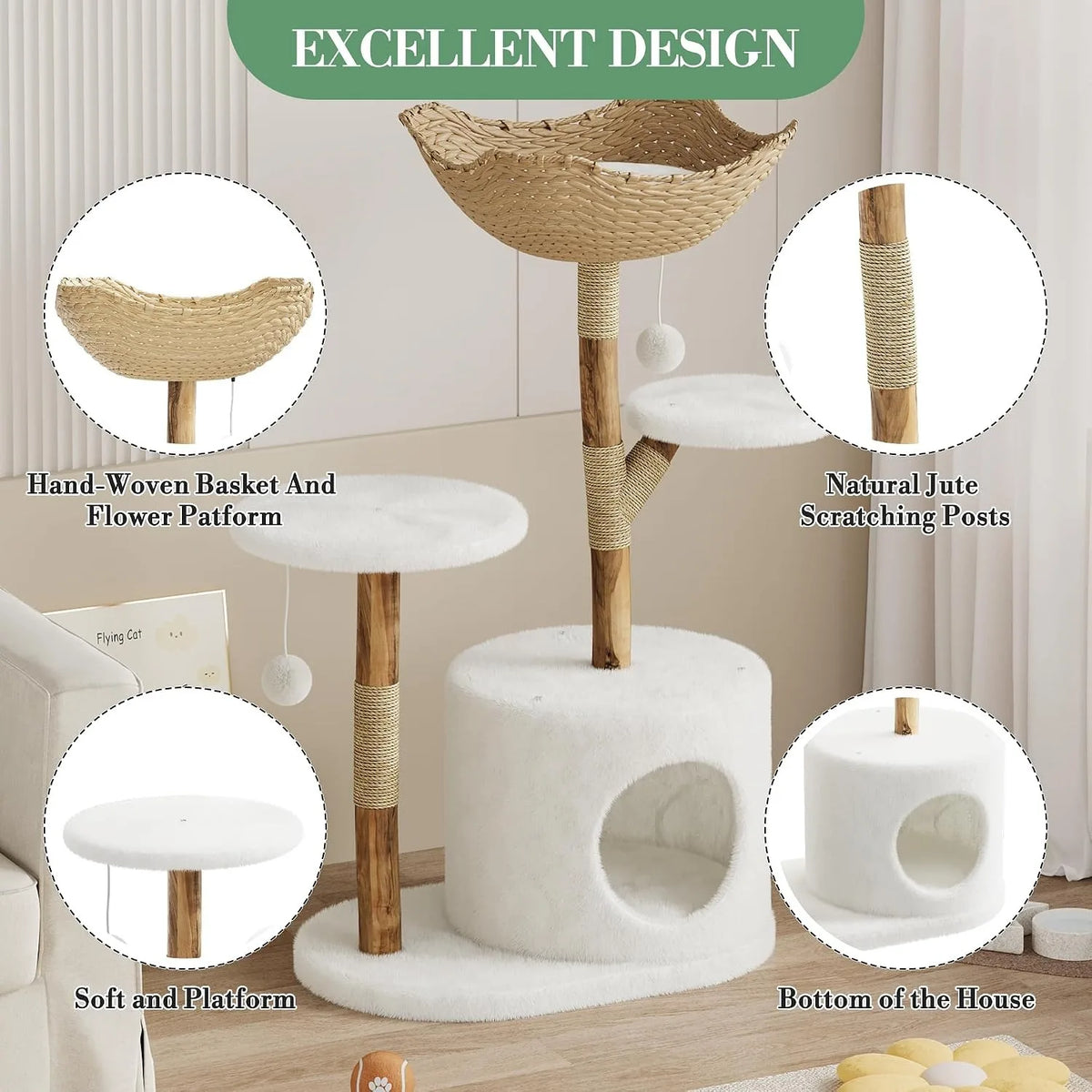 Wooden Cat Tree Tower 43 Inch with Rattan Large Cat Climbing Furniture Multi Level Activity Center Indoor Pet Furniture with Perches for Cats