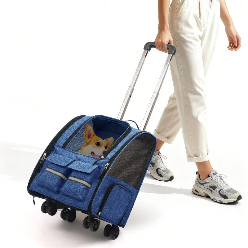 Rolling Pet Carrier Bag With Telescopic Handle And Shoulder Strap