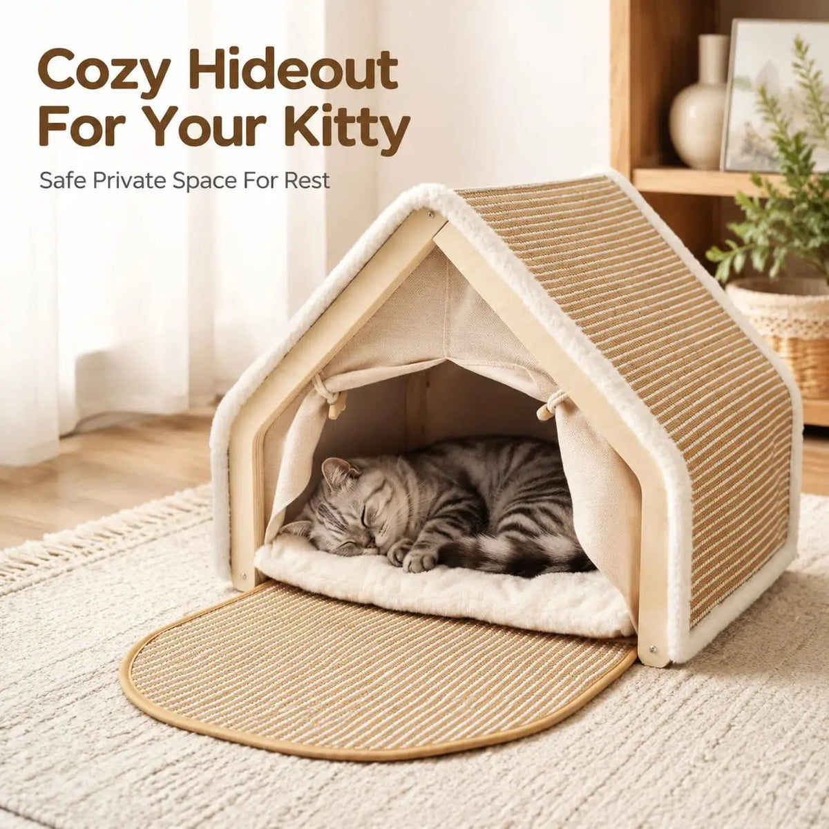 Wooden Cat House Tent Bed With Scratcher And Cozy Hideaway