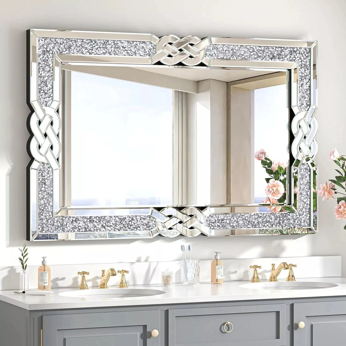 Wisfor Crushed Diamond Rectangular Vanity Mirror With Decorative Crystal Frame