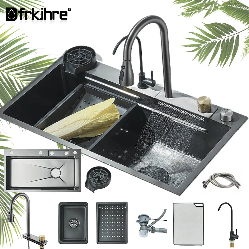 Stainless Steel Kitchen Sink With Waterfall Faucet And Cup Washer