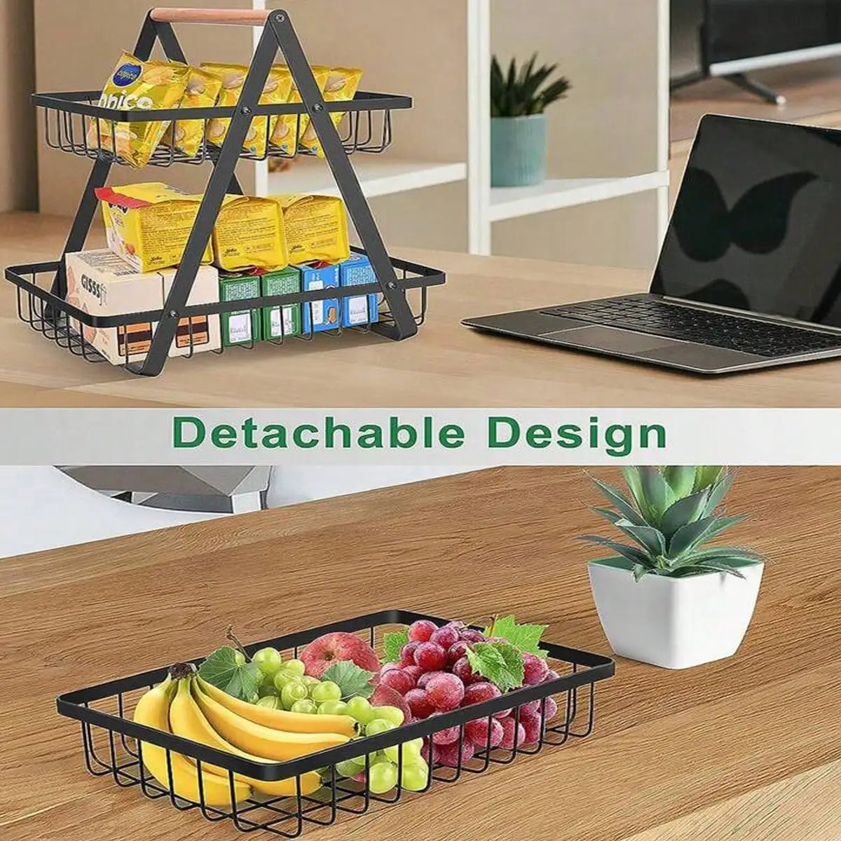 Two Tier Fruit Basket With Wooden Handle Kitchen Storage Organizer