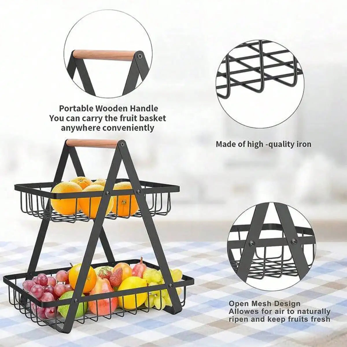 Two Tier Fruit Basket With Wooden Handle Kitchen Storage Organizer