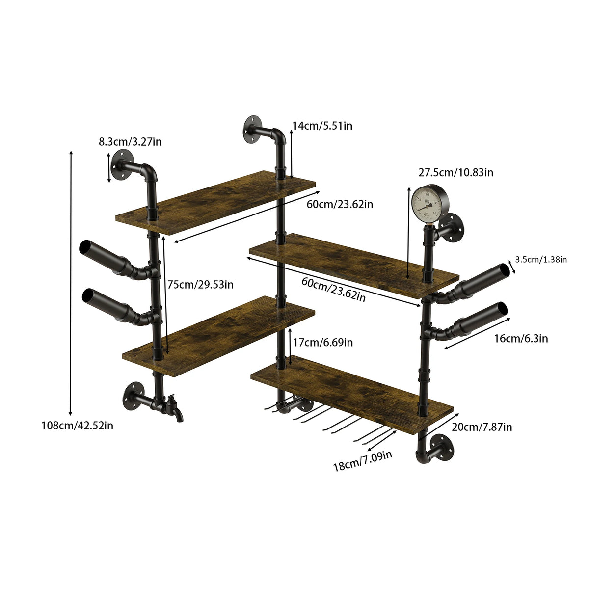 Wall Mounted Pipe Bar Liquor Shelf With Wine Glass Holder