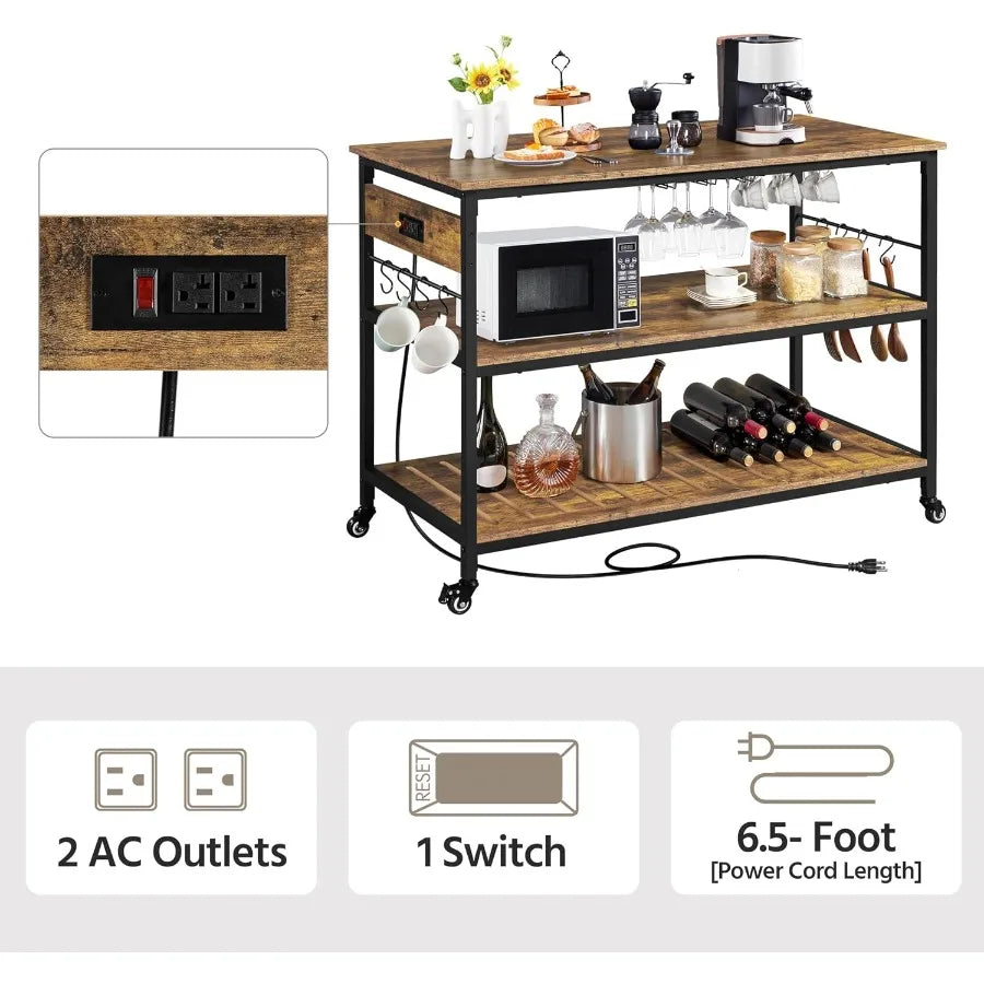 Rolling Kitchen Island Cart With Power Outlet And Three Shelves