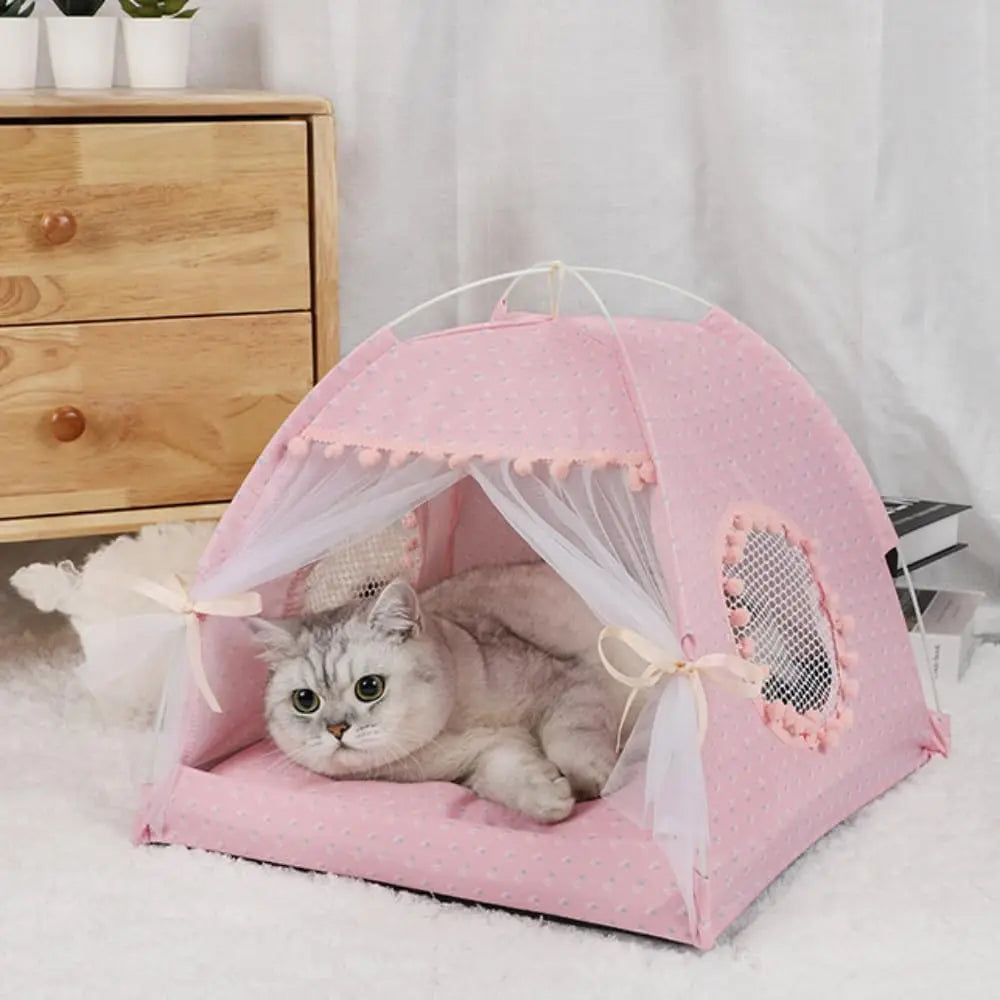 Breathable Mesh Cat Bed Tent With Removable Plush Cushion