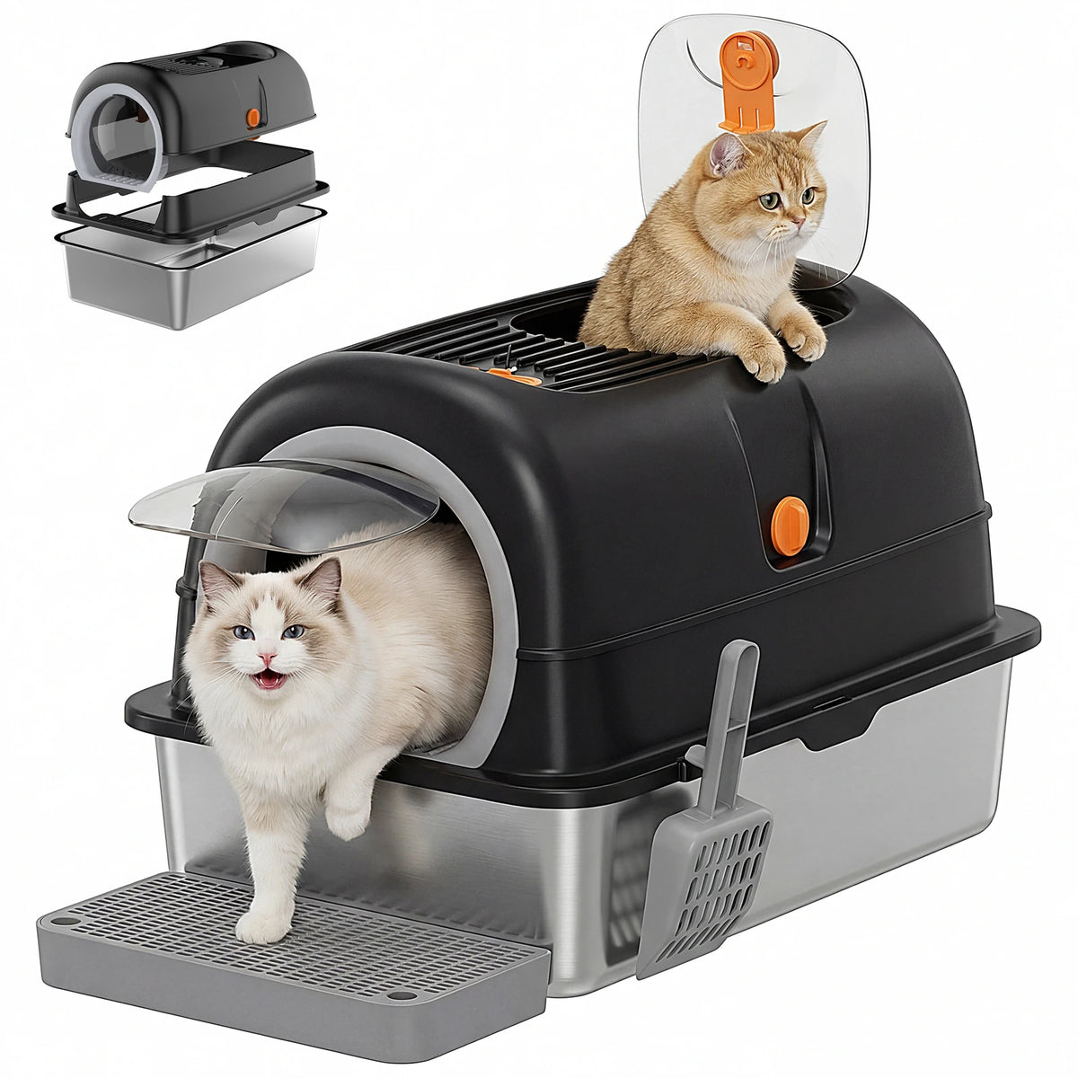 JHK Enclosed Stainless Steel Cat Litter Box with Scoop Included