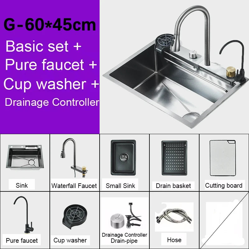 Stainless Steel Kitchen Sink With Waterfall Faucet And Cup Washer
