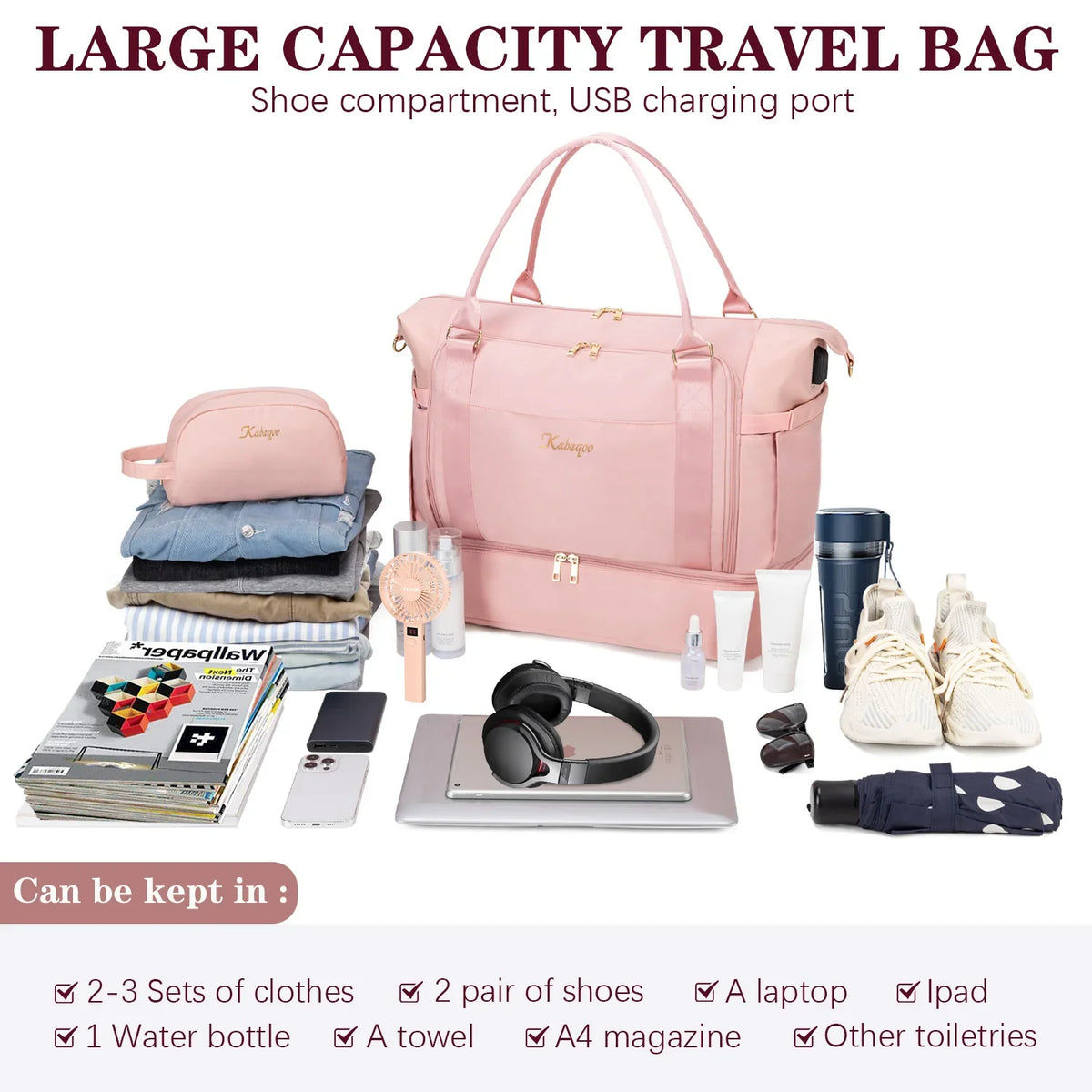 Kabaqoo Women's Travel Gym Bag With Shoe Compartment