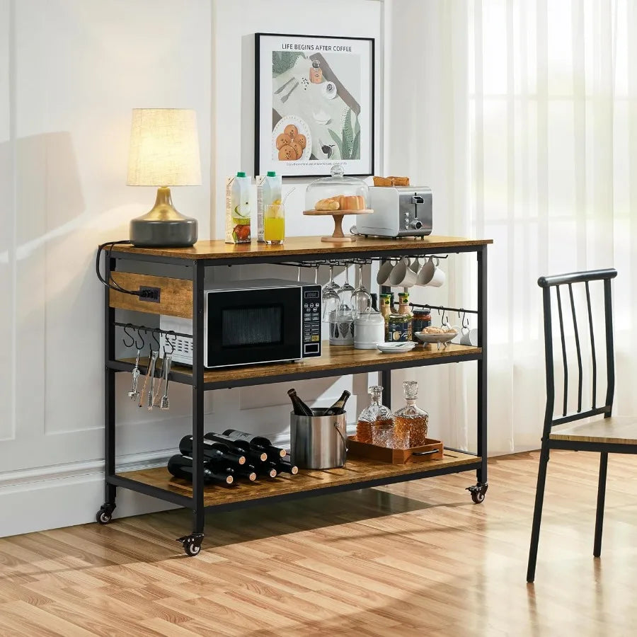 Rolling Kitchen Island Cart With Power Outlet And Three Shelves