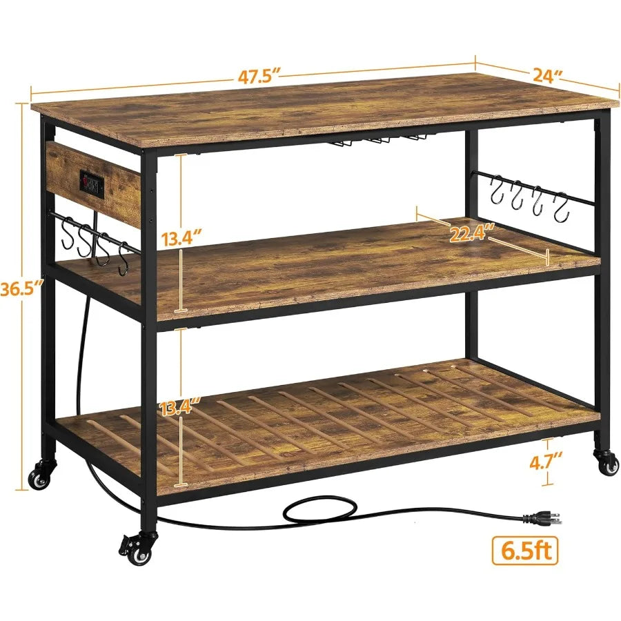 Rolling Kitchen Island Cart With Power Outlet And Three Shelves