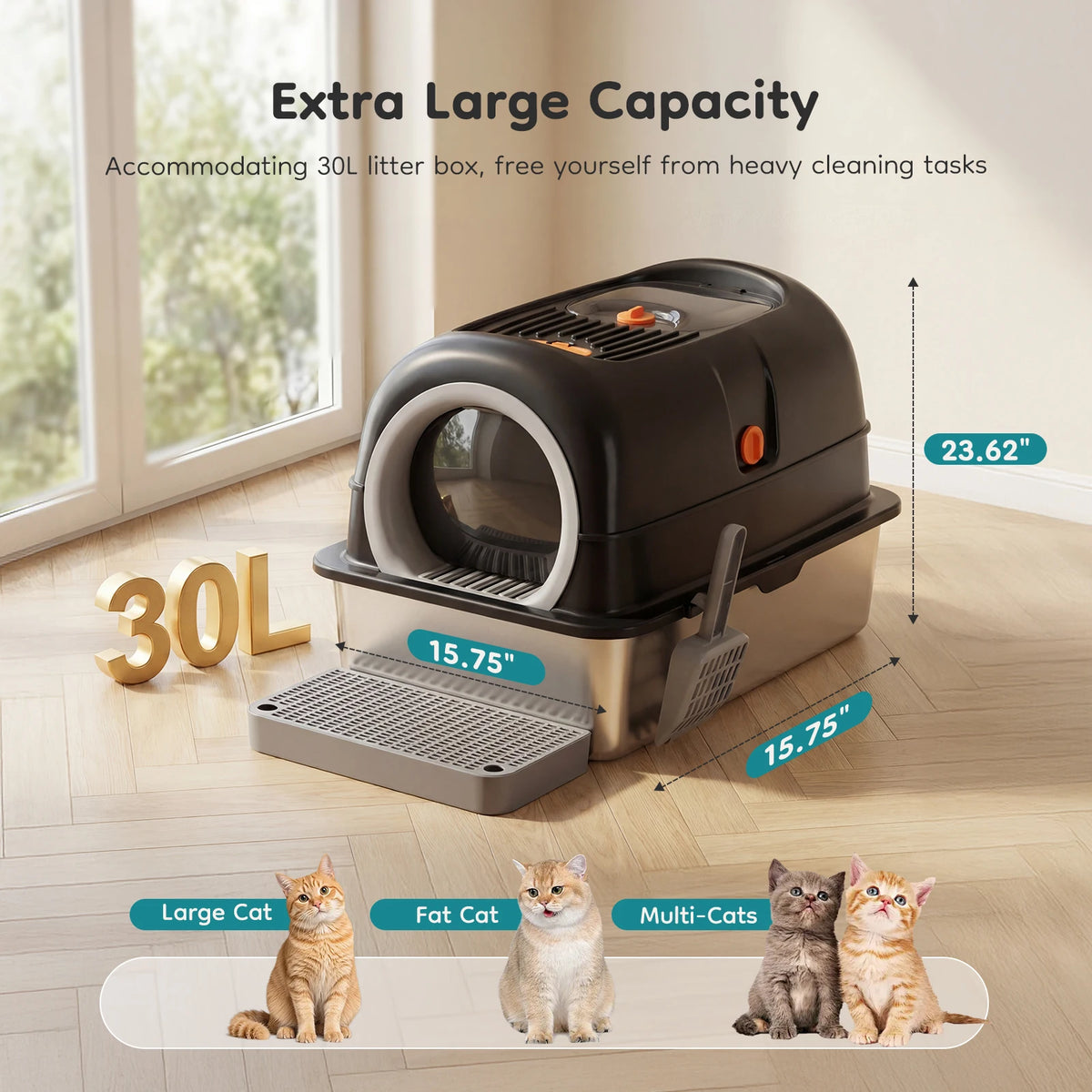 JHK Enclosed Stainless Steel Cat Litter Box with Scoop Included