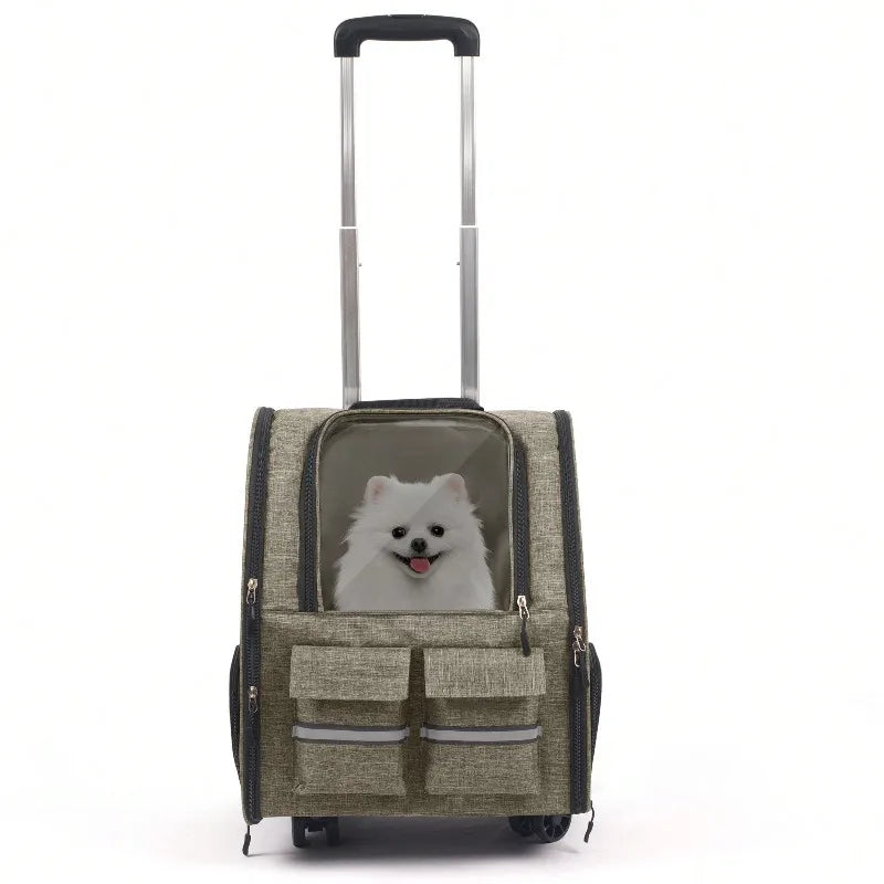 Rolling Pet Carrier Bag With Telescopic Handle And Shoulder Strap