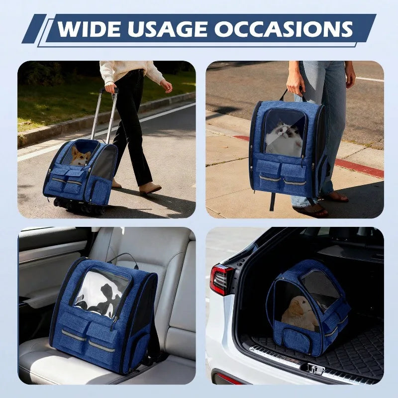 Rolling Pet Carrier Bag With Telescopic Handle And Shoulder Strap