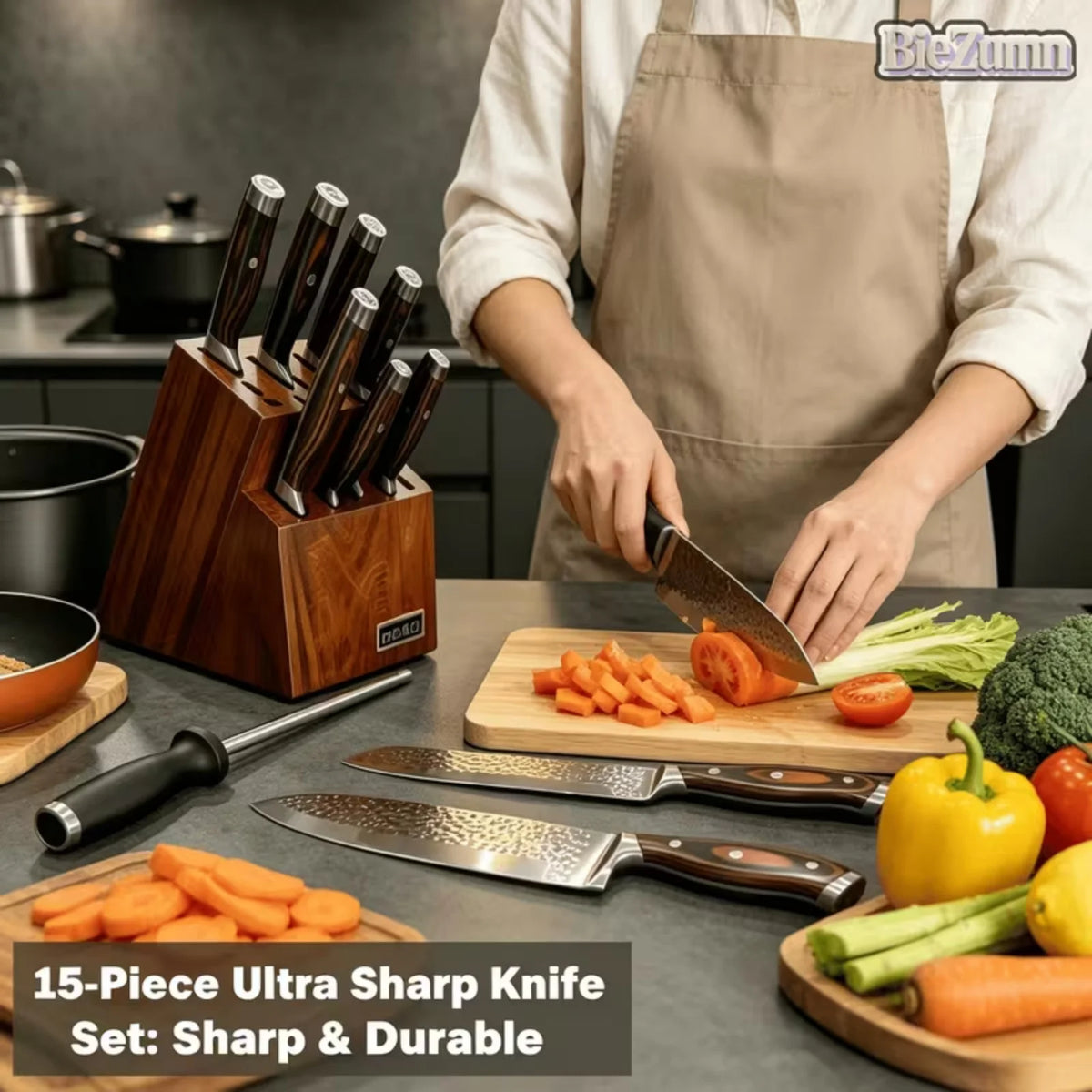 BieZumn Professional Stainless Steel Kitchen Knife Block Set