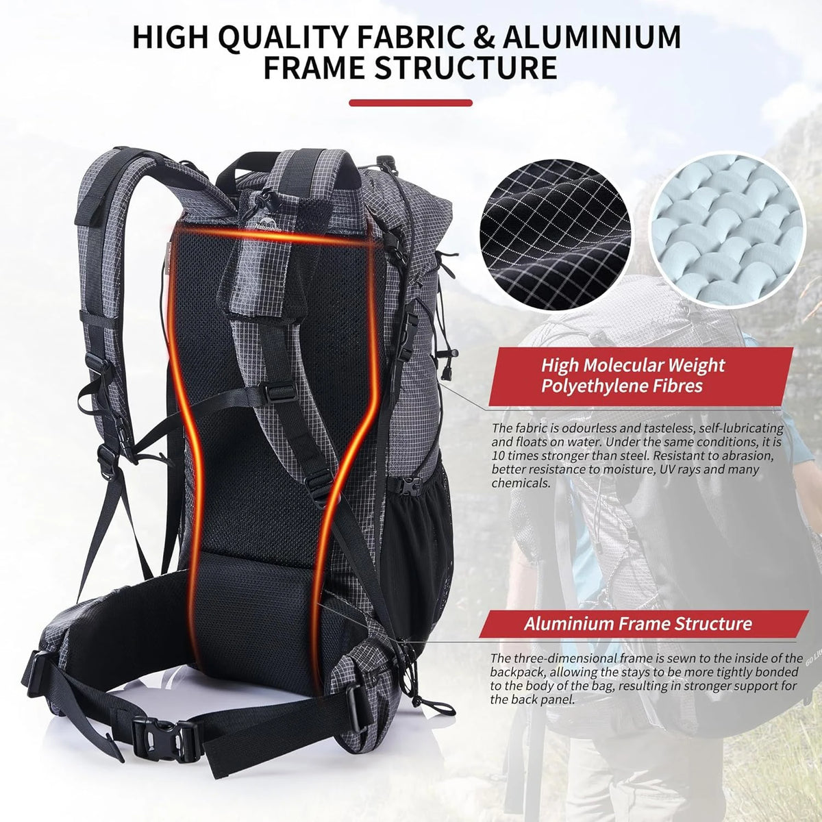 Naturehike Waterproof Hiking Backpack With Rain Cover, Adjustable Straps