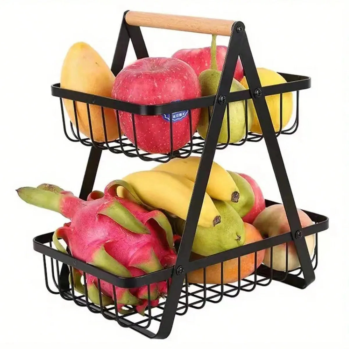 Two Tier Fruit Basket With Wooden Handle Kitchen Storage Organizer