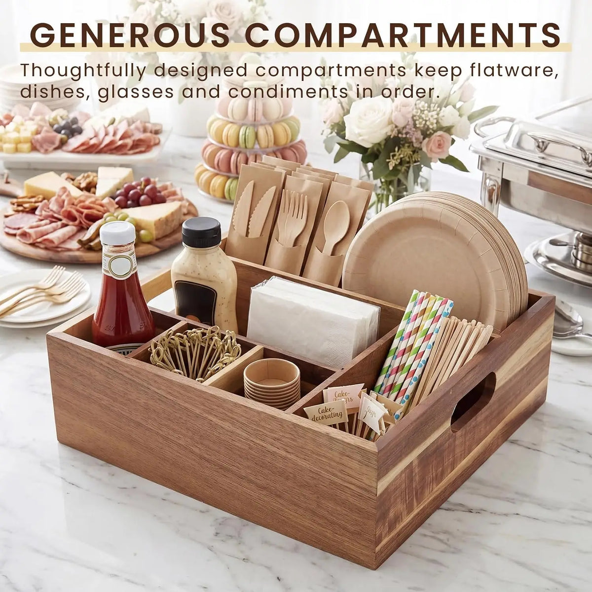 Garvee Acacia Wood Flatware Caddy With Handles And Compartments