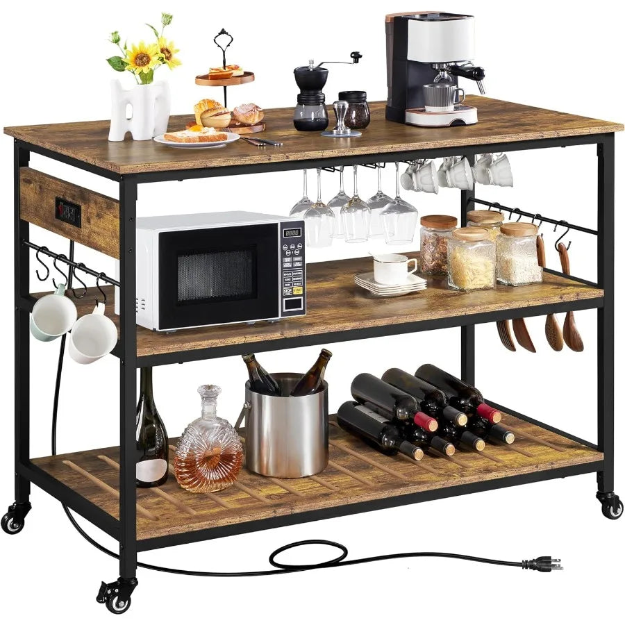 Rolling Kitchen Island Cart With Power Outlet And Three Shelves