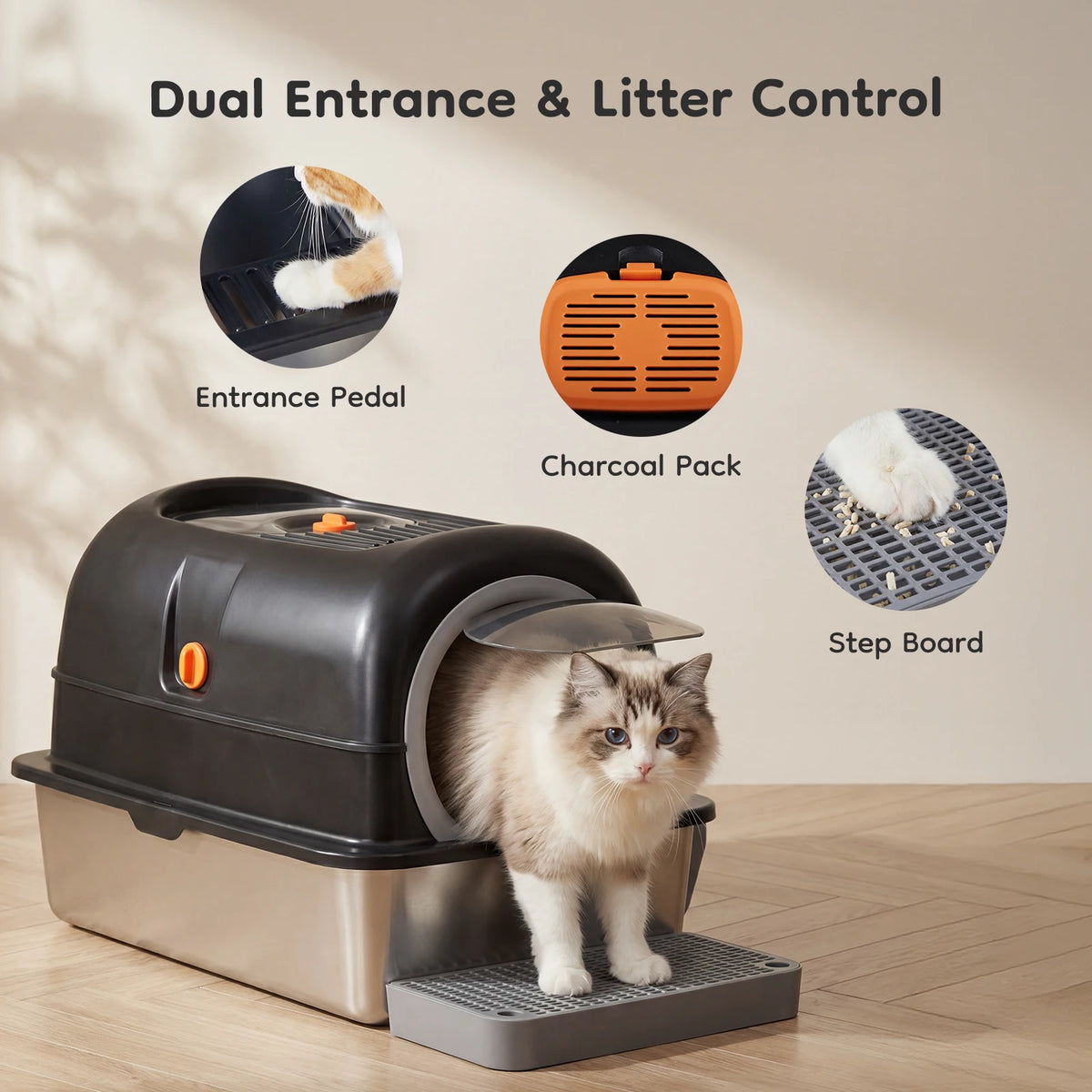 JHK Enclosed Stainless Steel Cat Litter Box with Scoop Included