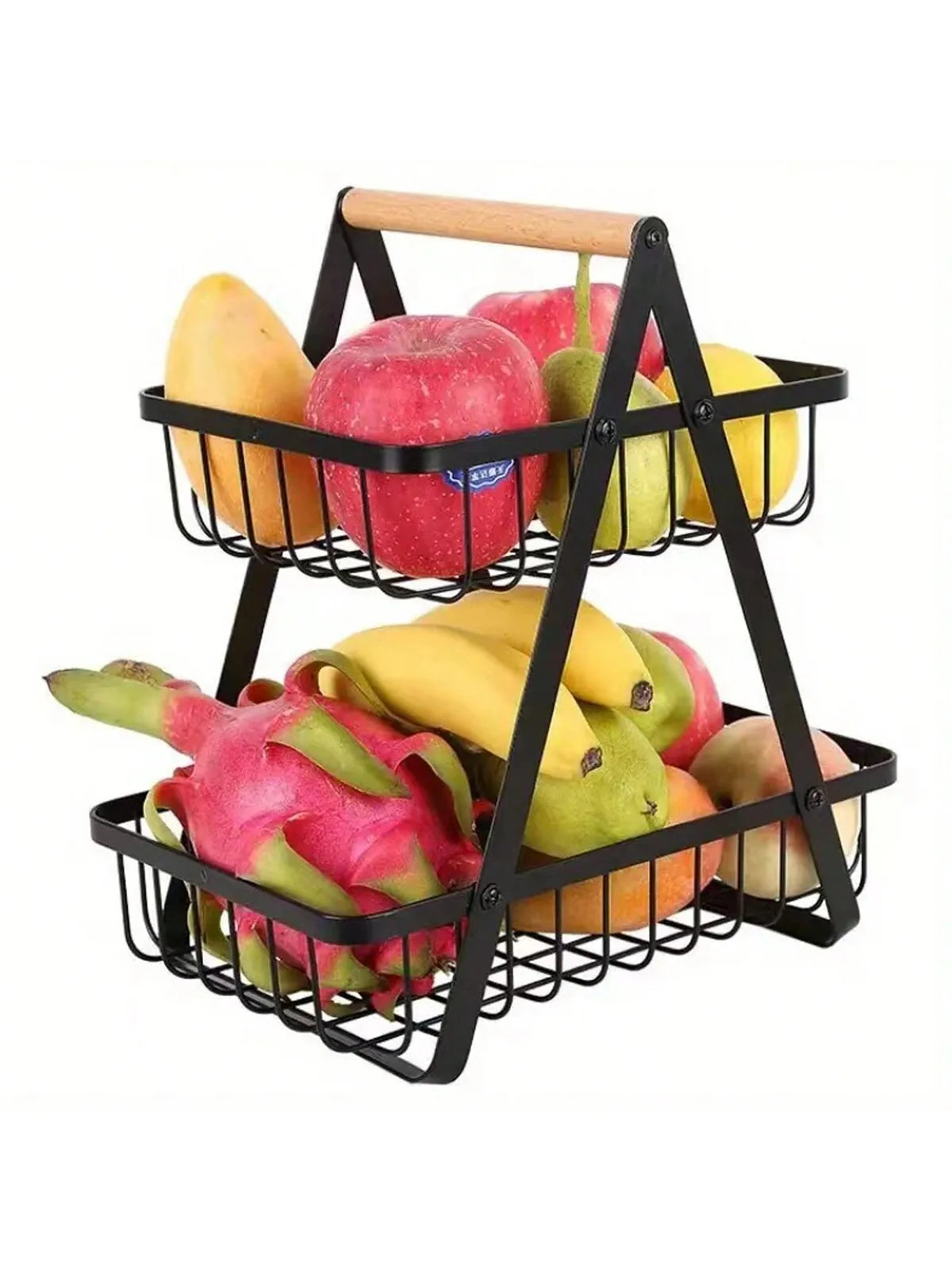 Two Tier Fruit Basket With Wooden Handle Kitchen Storage Organizer